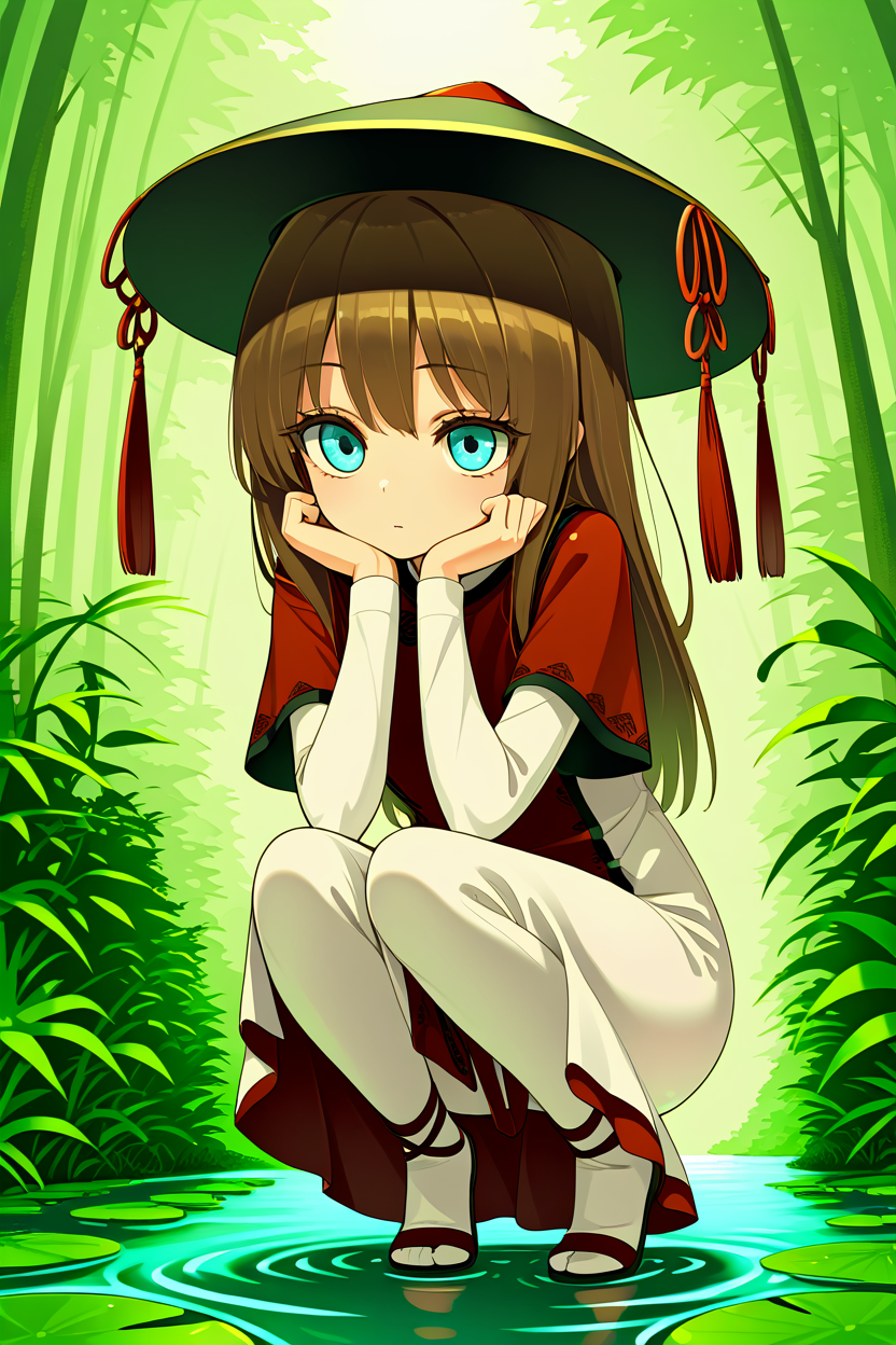 masterpiece, best quality, 1girl, solo, eyelashes, (beautiful eyes),    ,<lora:HomuraSubaruIXL_v1:1.0>,    1girl, dress, female focus, full body, gradient background, hat, lily pad, nature, outdoors, plant, solo, squatting,  water