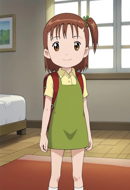 score_9, score_8_up, score_7_up, source_anime, anime screencap, masterpiece, best quality,
(1girl), jerikatou, ((solo, alone)), short petite, small body, flat chest, brown hair, side ponytail, brown eyes, green dress, smile, closed mouth, looking at viewer,
BREAK
(yellow collared shirt, red backpack, upper body) 
BREAK
(standing), indoor, bedroom, bed in back, window in back, carpet on the floor, window in back during the day.