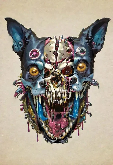 split head, cybermutant, skull inside crazy dog head