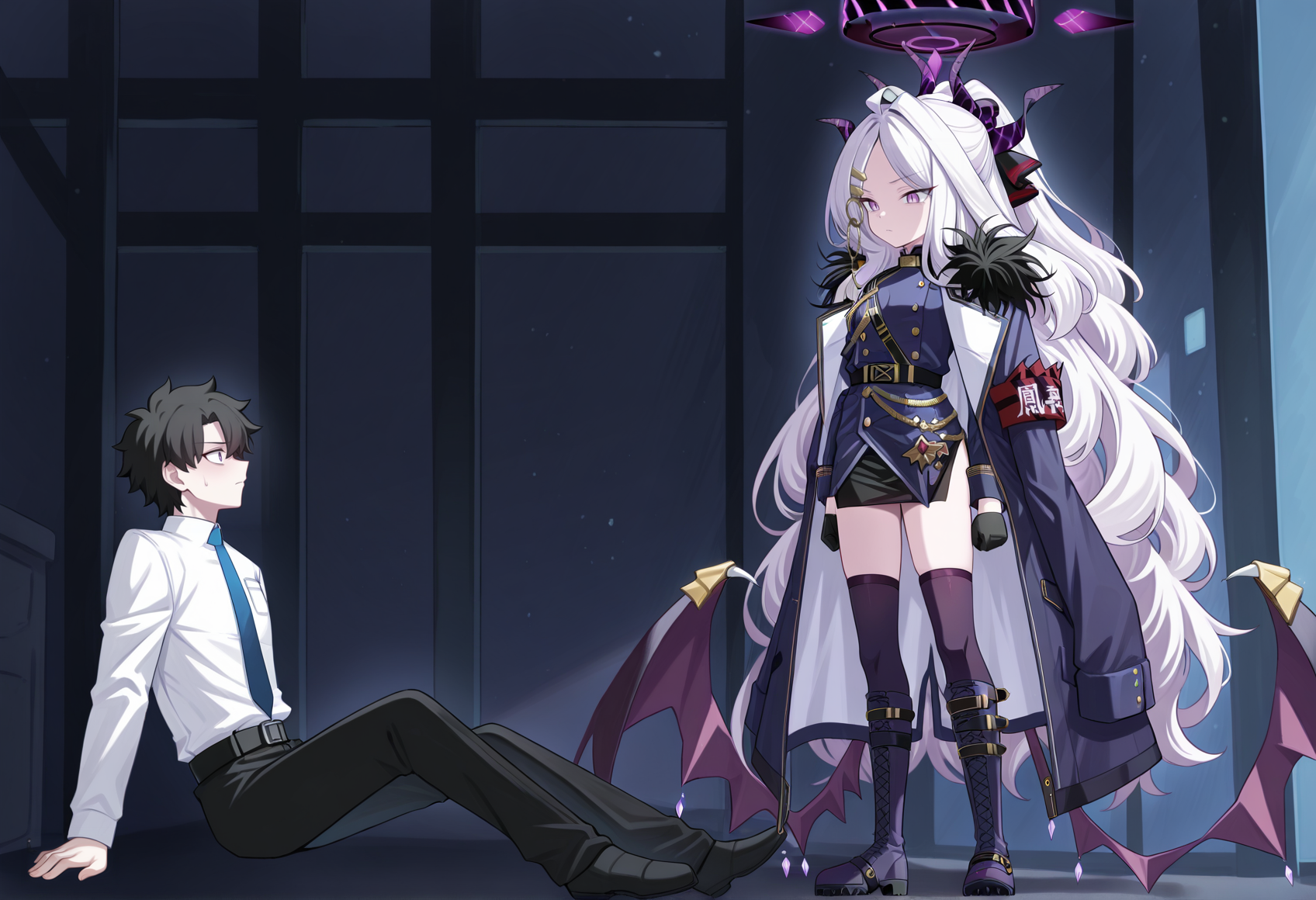 1boy. fujimaru ritsuka \(male\), sitting, on floor, 1girl, standing, hina \(blue archive\), serious, are_you_my_master <lora:are_you_my_master:1>, masterpiece, best quality, amazing quality, very aesthetic, absurdres, highres, newest