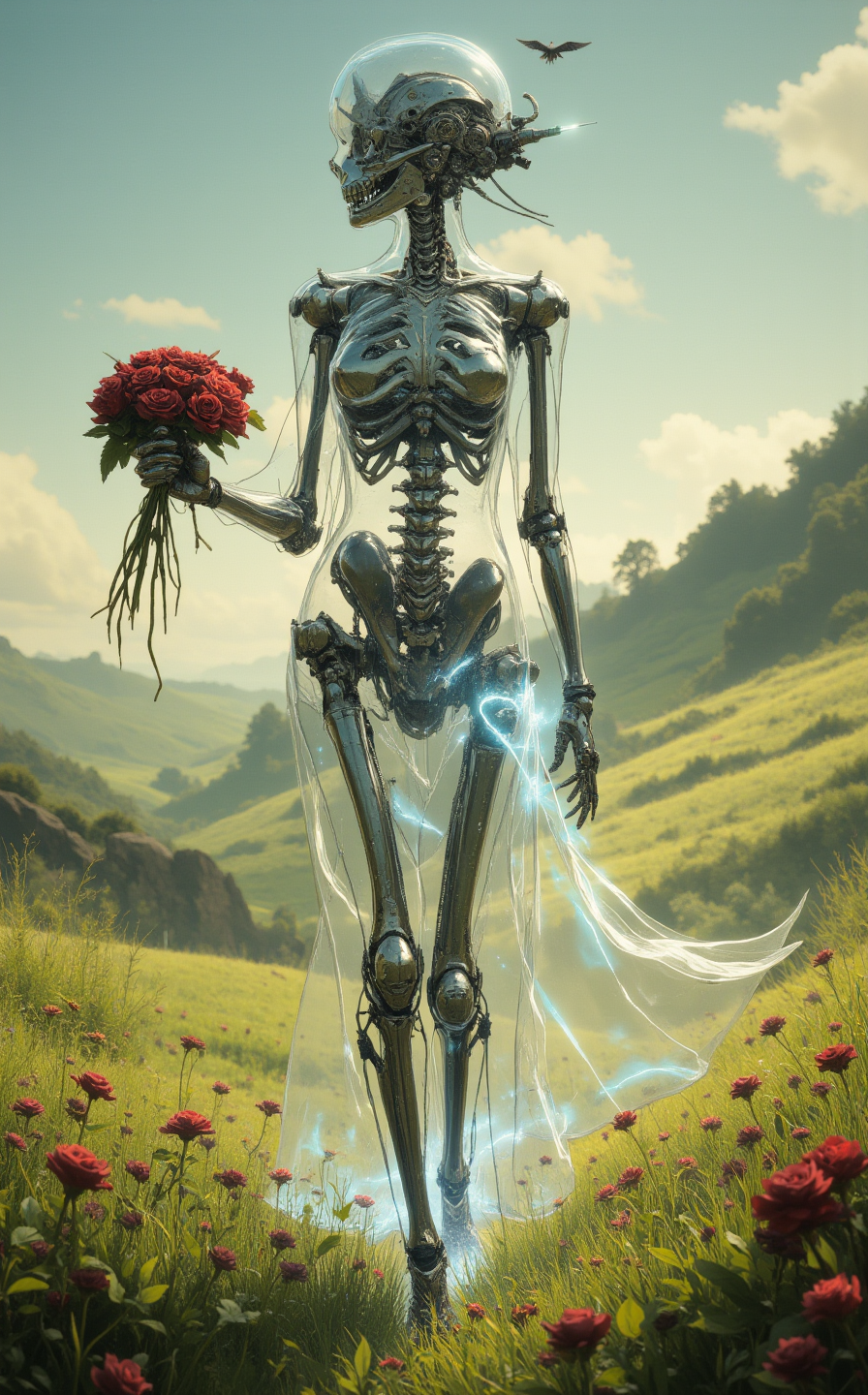 style_of_RS7fn0G75R ,A cyborg girl with a fully transparent body walks gracefully across a vibrant green meadow. Inside her, a intricate metallic skeleton is visible, along with various mechanical devices and gears that whir and click softly. A faint, ethereal glow emanates from within her, highlighting the complexity of her inner machinery.

She holds a bouquet of deep red roses in her hand, their rich color contrasting beautifully with her translucent form. The sunlight shines through her body, casting delicate, shimmering reflections on the grass below. The scene is both futuristic and poetic, blending the cold precision of technology with the warmth of nature and human emotion."

Additional details for refinement:

Style: Hyper-realistic or semi-realistic, with a focus on intricate details and lighting.

Lighting: Soft, natural sunlight with warm tones, creating a glowing effect as it passes through her transparent body.

Color palette: Green (meadow), red (roses), metallic silver and gray (skeleton and machinery), with a soft inner glow (blue or white).

Mood: Futuristic, serene, and slightly surreal, blending technology and nature harmoniously