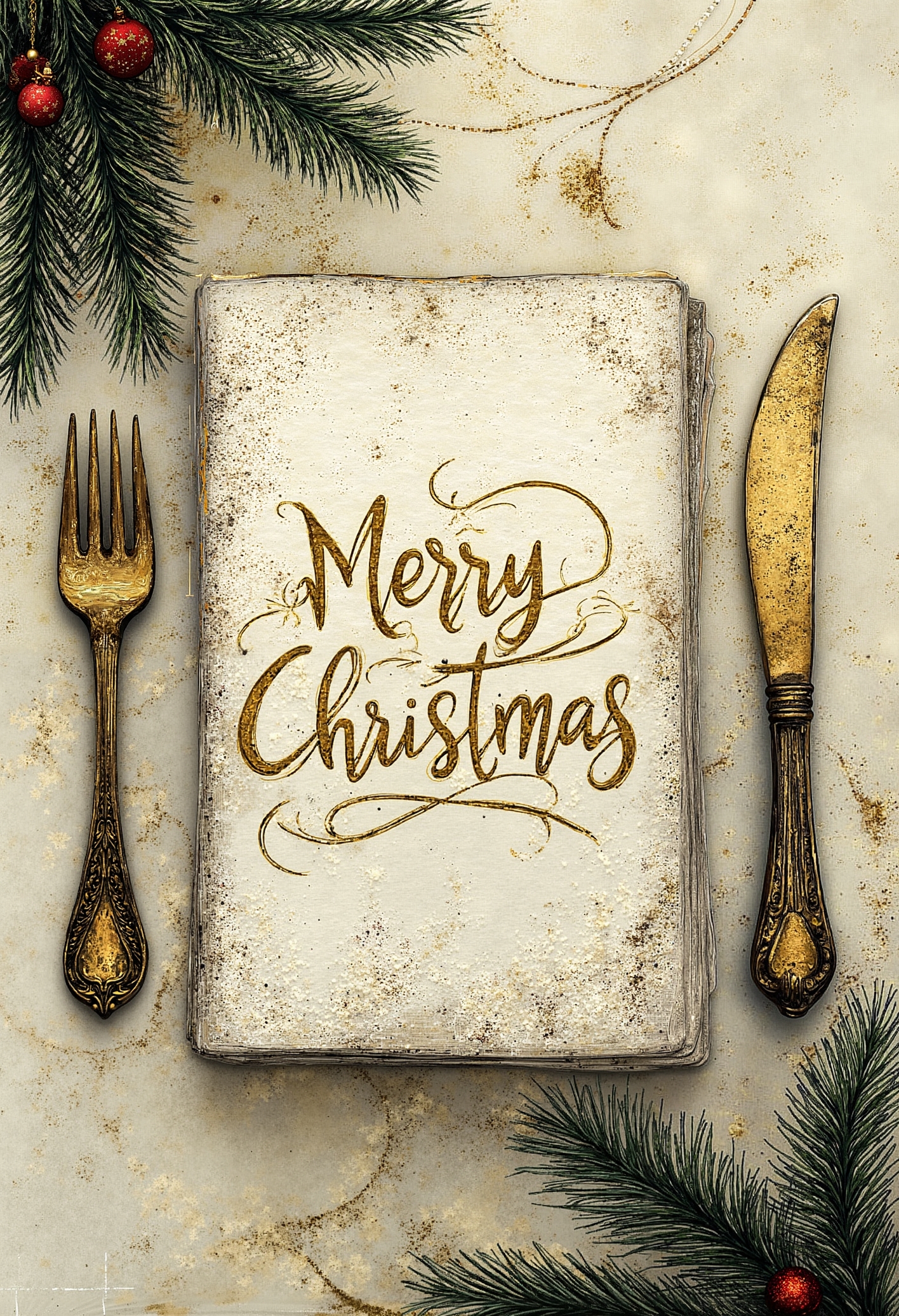 pst006,Christmas napkins with gold foil print on white paper, Christmas party table decoration, green and red colors, lettering "Merry Christmas" in the style of a handwritten script, fork, knife, Christmas tree branches, festive decorations.