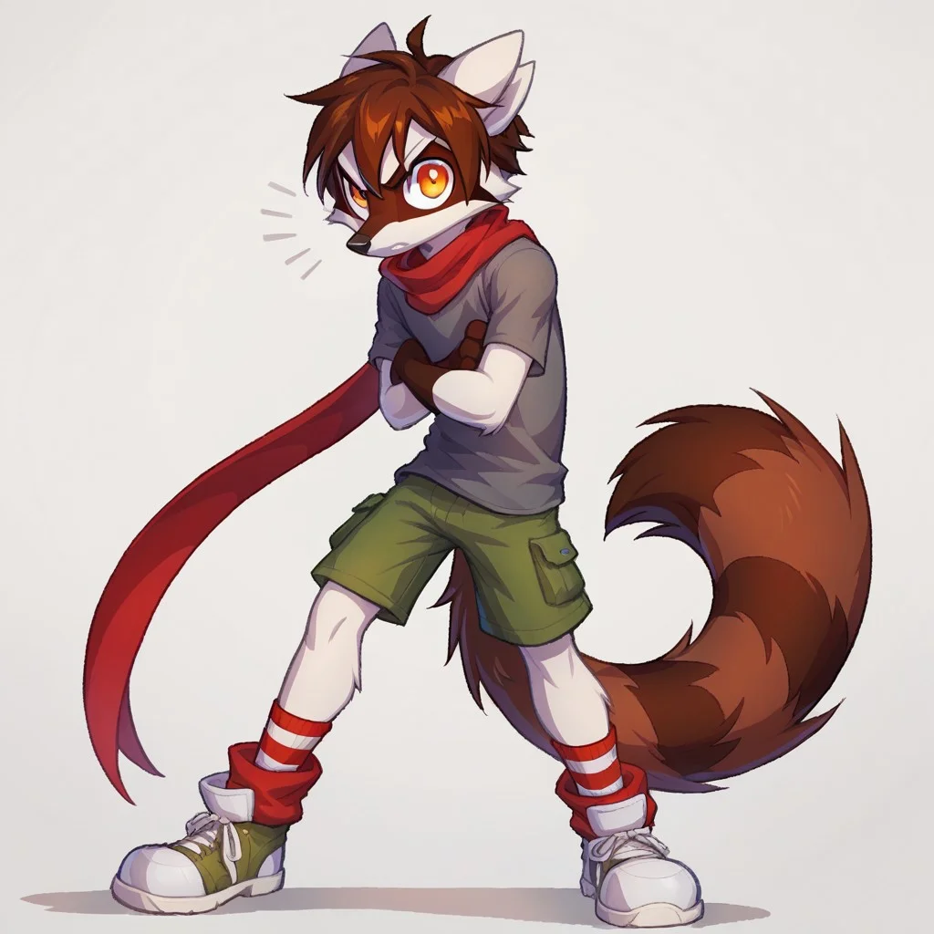 <lora:Indi_and_Digo_Marallang:0.8>,
score_9,score_8_up,score_7_up,Indi_and_Digo, Indi_and_Digo,
boy,solo, tail,brown fur, orange eyes,
(angry), looking at viewer, arms crossed. brown hair. white fur
Bast seems to appear like a raccoon hybrid with a wolf's tail with dark brown-white stripe patterns, got yellowish eyes and red-orange pupils. There's somewhat three to four fin shaped furs sticking out on his back. He wears a long red scarf around his neck, gray sweater, red gloves, gray pants with red legwarmers/socks, and white fabric shoes which are triangular in shape. As a child in Prelude, he wore a plain t-shirt of a light shade of brown, green cargo shorts and his red scarf.