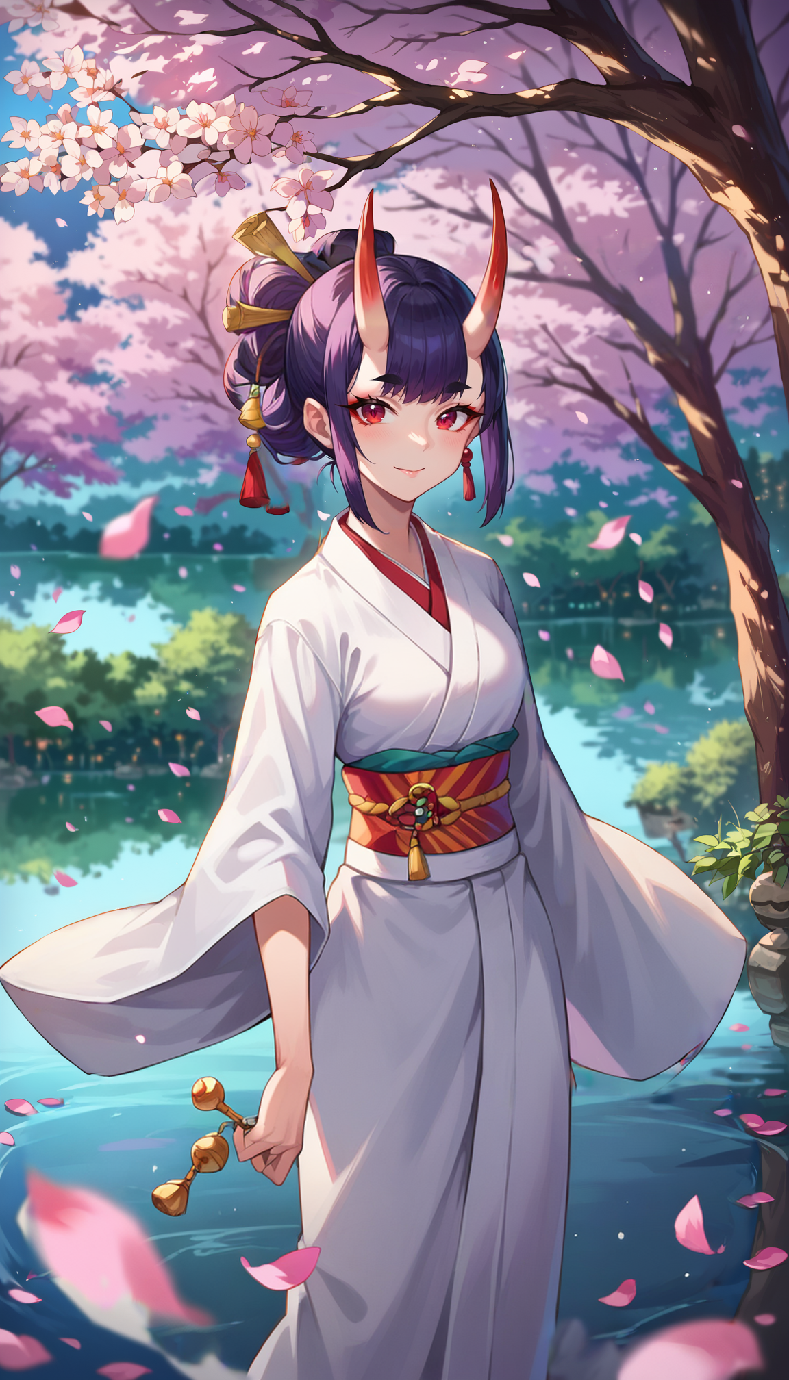 score_9, score_8_up, score_7_up, score_6_up, source anime,
anime style image of a river with trees and lights in the background, scenery, cherry blossoms, tree, petals on liquid, ripples, reflection, depth of field, east asian architecture, 
1girl, white kimono, oni, tsunokakushi, looking at viewer, red eyes, light smile,
masterpiece, best quality, very aesthetic, absurdres,
<lora:detailed_backgrounds_v2:0.8>