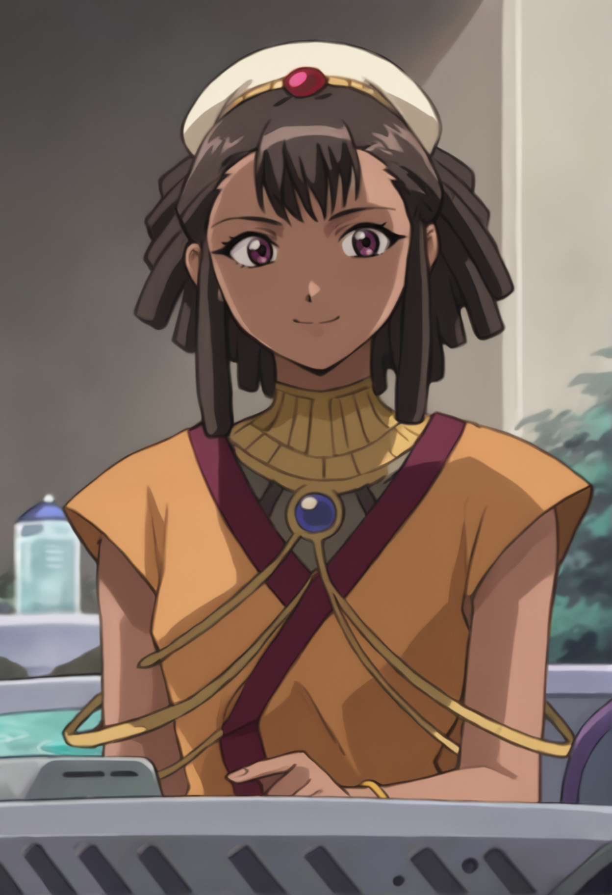score_9_up, source_anime, amarone_sliantheav, 1girl, brown hair, dark skin, dark-skinned female,  black hair,  jewelry, short hair, brown eyes, purple eyes, bracelet,   sidelocks, long hair, ponytail,  dreadlocks, asymmetrical bangs, hat,dress,sleeveless. smile.