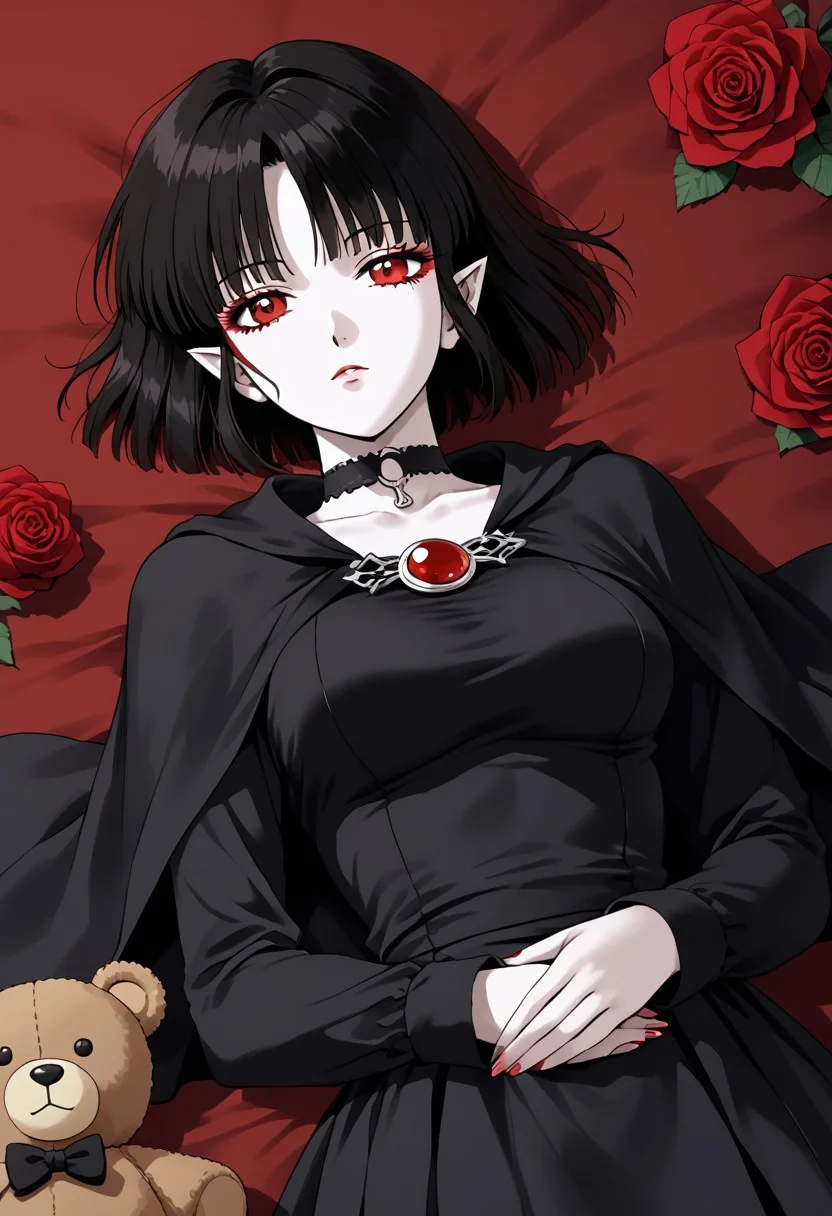 (masterpiece), best quality, expressive eyes, perfect face
(((90s anime)))
(((retro anime)))
(((black short hair)))
(((black hime haircut)))
(((black cut bangs)))
(((Pale skin)))
((red eyes))
((Soft makeup)))
((medium breasts))
((pointy ears))
((Black simple dress with long sleeves))
((Vampire cape))
((choker))
((Expressionless))
((lying inside the red roses))
((Hugging a teddy bear))
((vampire girl))