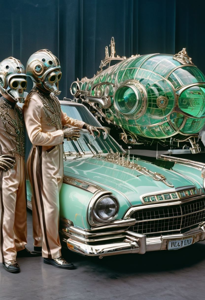 An incredible award winning experimental cinematic still, Three brave men with bell jars for gigantic heads, they have huge freakish eyes, wearing delightful stylish jumpsuits by Gucci, posing in front of a stylish futuristic lowrider hoover car with etched uranium glass windows, 1970s science fiction, dramatic cinematic moody lighting, full soft offset printing, psychedelic trip, cursed image, masterpiece, museum quality, Robert Rauschenberg rococo Style, RococoPunkAI