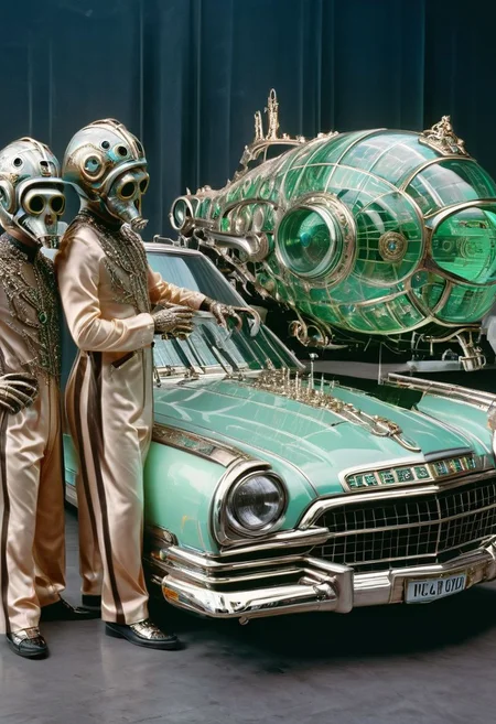 An incredible award winning experimental cinematic still, Three brave men with bell jars for gigantic heads, they have huge freakish eyes, wearing delightful stylish jumpsuits by Gucci, posing in front of a stylish futuristic lowrider hoover car with etched uranium glass windows, 1970s science fiction, dramatic cinematic moody lighting, full soft offset printing, psychedelic trip, cursed image, masterpiece, museum quality, Robert Rauschenberg rococo Style, RococoPunkAI
