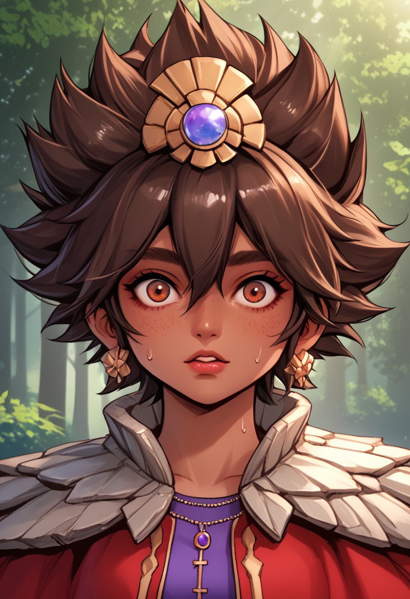 score_9, score_8_up, score_7_up, score_6_up, score_5_up, score_4_up, score_9, score_8_up, score_7_up, detailed, intricate details, chromatic aberration,  veins source_anime, , (best quality) , (highly detailed) ,((masterpiece)), ((best quality)), (ultra-detailed), ((extremely detailed)), (high resolution), 4K, (8K), best quality, (beautiful), (dynamic lighting), (super detailed skin), sharp focus, (1_girl, solo focus),  score_9,score_8_up,score_7_up,anime coloring, big eyes BREAK source_anime,anime, TaliyahLoLXL, dark skin, tanned skin, Dark skin female, dark skined, freckles, brown eyes, brown hair, short hair, sidelocks, hair between eyes, hair ornament, spiked hair, medium breasts, stone capelet, cape, red jacket, purple dress, solo,  front view, (portrait, upper body), solo focus, wide eyed, mouth open, suprised, sweating, bewildered, hands up, looking at viewer, forest, tree <lora:TaliyahLoLXL:0.9>
(Upper body, portrait) , phantom_ix_row_style, masterpiece, best quality, <lora:PhantomIxRowStyle:0.9>, "Closer to artist's style"