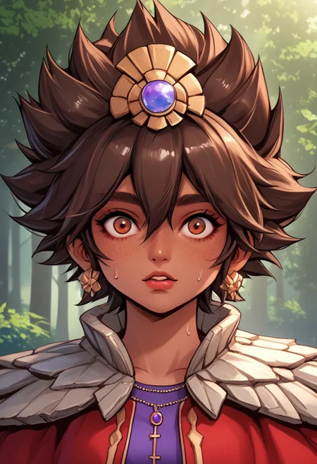 score_9, score_8_up, score_7_up, score_6_up, score_5_up, score_4_up, score_9, score_8_up, score_7_up, detailed, intricate details, chromatic aberration, veins source_anime, , (best quality) , (highly detailed) ,((masterpiece)), ((best quality)), (ultra-detailed), ((extremely detailed)), (high resolution), 4K, (8K), best quality, (beautiful), (dynamic lighting), (super detailed skin), sharp focus, (1_girl, solo focus), score_9,score_8_up,score_7_up,anime coloring, big eyes BREAK source_anime,anime, TaliyahLoLXL, dark skin, tanned skin, Dark skin female, dark skined, freckles, brown eyes, brown hair, short hair, sidelocks, hair between eyes, hair ornament, spiked hair, medium breasts, stone capelet, cape, red jacket, purple dress, solo, front view, (portrait, upper body), solo focus, wide eyed, mouth open, suprised, sweating, bewildered, hands up, looking at viewer, forest, tree <lora:TaliyahLoLXL:0.9>
(Upper body, portrait) , phantom_ix_row_style, masterpiece, best quality, <lora:PhantomIxRowStyle:0.9>, "Closer to artist's style"