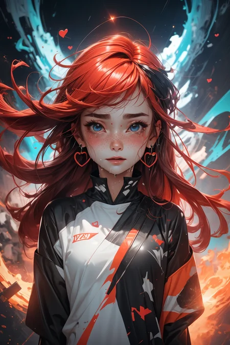 red hair, long hair, freckles, earrings,
(upper body:1.1), particles, sparkles, flames, tears, (crying:1.1), (wet face:1.1),
(torn clothes:1.2), abstract,
bangs, hearts,
<lora:more_details:0.3>
<lora:AnimeVibesV3:0.3> animevibes,
<lora:3DMM_V11:0.35> 3DMM ,
<lora:msw_locon-t2:0.3>
<lora:wuxia2:0.4> gu , <lora:Cosmic anime-oil fusion v2:0.3> , <lora:LAS:0.4> (colorful:1.1),
<lora:midjourney_20230624181825:0.35> midjourney, shiny, shiny hair, shiny skin, shiny clothes