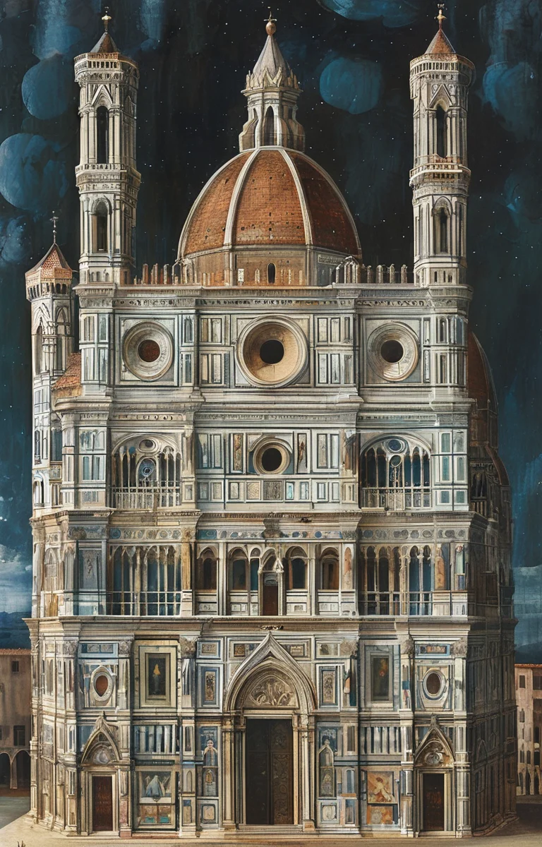 masterpiece,best quality,<lora:tbh302-sdxl:0.9>,illustration,designed by Filippo Brunelleschi Gothic revival cathedral with intricate spires and stained glass windows, bathed in moonlight