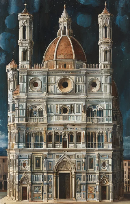 masterpiece,best quality,<lora:tbh302-sdxl:0.9>,illustration,designed by Filippo Brunelleschi Gothic revival cathedral with intricate spires and stained glass windows, bathed in moonlight