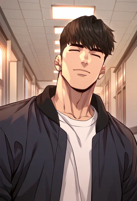 1boy, male focus, solo,
<lora:Character - Questism - Kang_Seok:1> kangseok, short hair, black hair, closed eyes, bara,
,((zPDXL)), score_9_up, score_8_up, score_7_up, score_6_up, score_5_up, score_4_up, best quality, amazing quality, best aesthetic, amazing aesthetic, absurdres, year2023, uncensored, very nsfw, official art, official style, depth of field, detailed eye,
night, indoors, jacket, open jacket, hallway, (upper body:1.4), looking at viewer,
<lora:Style - Expressive_H-000001:1> expressiveh