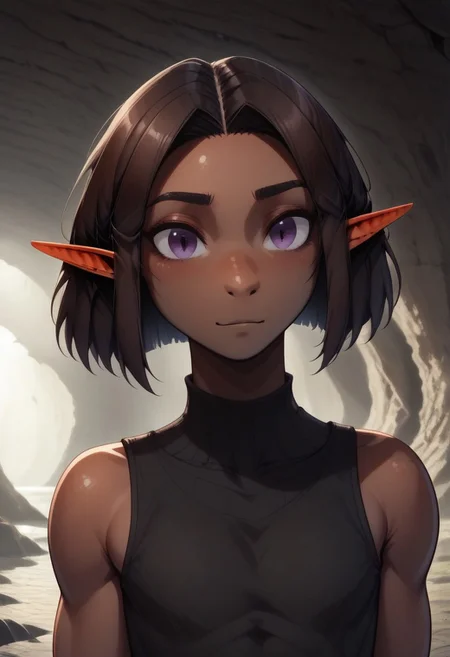 Repeta, 1 person, snout nose, solo, pointy ears, violet eyes, dark skin, dark brown hair, chin-length hair, parted hair, black sleeveless top, close up, face focus,
organic cavern background,
Medieval style, Dutch angle,
Smooth colors, clean lines, high quality, best quality, masterpiece, score: 9, score: 8 up, rating: safe, source: semi-realistic,