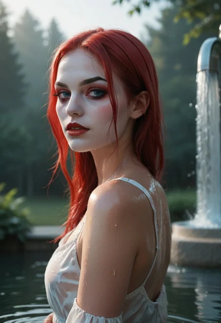 score_9, score_8_up, score_7_up,1girl,Harley Quinn sexy, upper body, back, looking at viewer, self-hugging, wet sexy dress, parted lips, in water, small water fountain, in the middle of the forest, fog, morning,