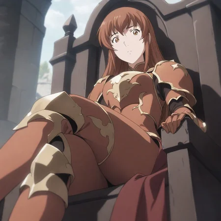juliet fiammata, 1girl, brown_hair, brown_eyes, armour, sitting, crossed_legs, throne, looking_down, from_bottom, looking_at_viewer, outdoors, masterpiece, best_quality, very_aesthetic, absurdres