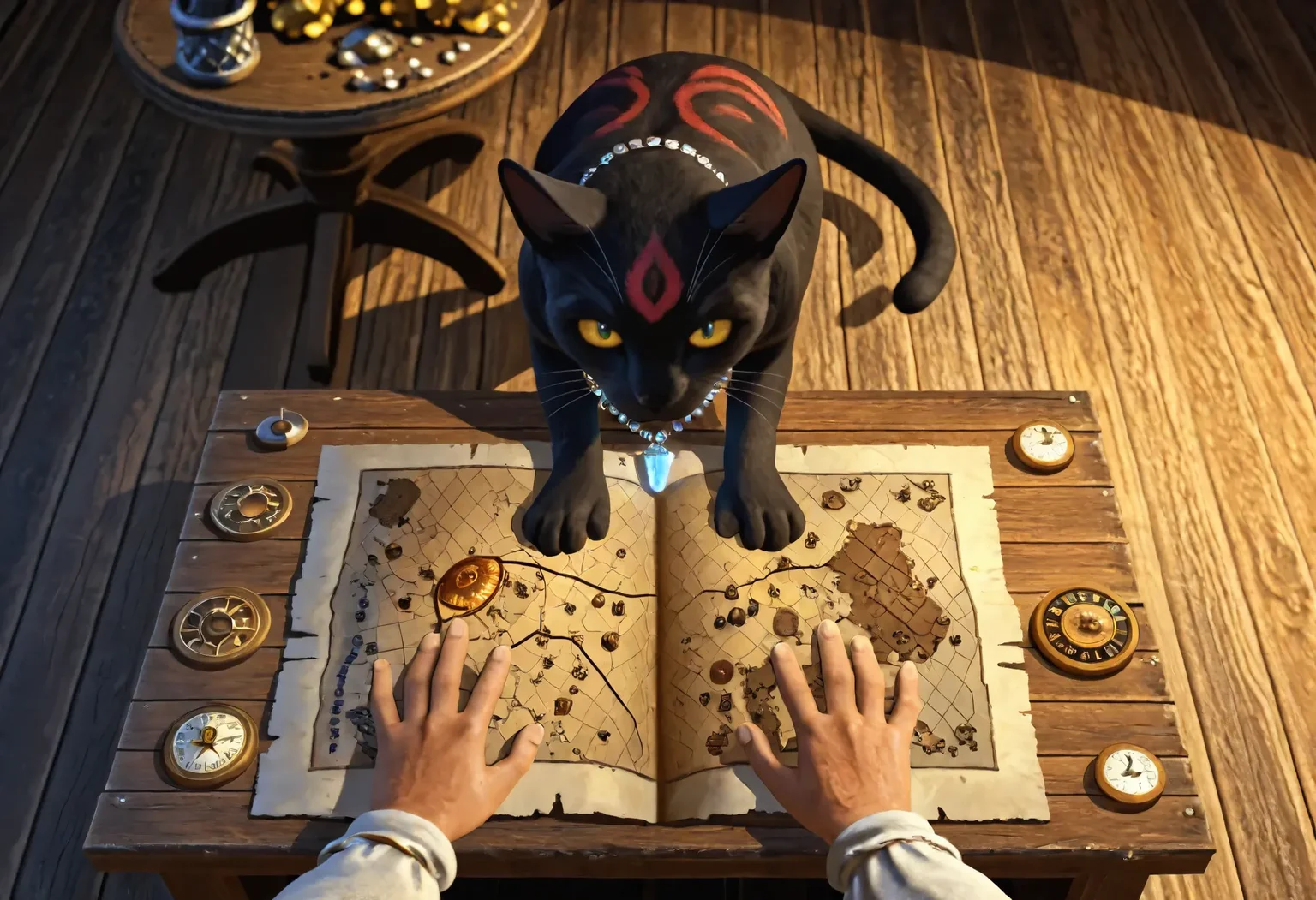 heroes2, render, 3d, from above, indoors, treasure map, glowing crystal, gemstone necklace, wooden floor, compass rose, red markings, table, shadow, medieval setting, rustic decor, black cat, silver cups, wooden furniture, warm lighting, pov,
, <lora:HoMM_v8NoobBs975:0.8>,
