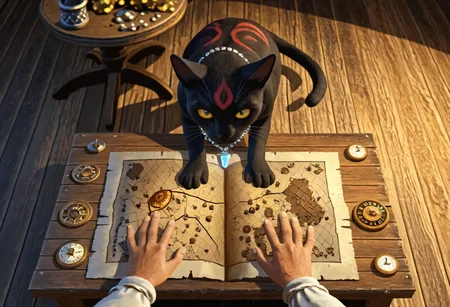 heroes2, render, 3d, from above, indoors, treasure map, glowing crystal, gemstone necklace, wooden floor, compass rose, red markings, table, shadow, medieval setting, rustic decor, black cat, silver cups, wooden furniture, warm lighting, pov,
, <lora:HoMM_v8NoobBs975:0.8>,