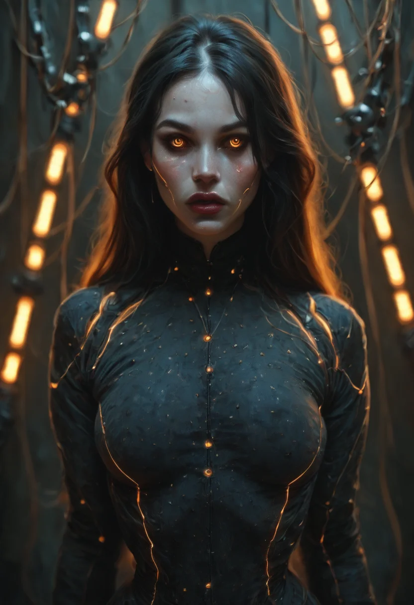 cinematic film still score_9,score_8_up,score_7_up,realistic,pretty 1girl,dramatic lighting,dark theme,submissive look on face,dynamic sexy pose,posing with passion,very sexy,long legs,beautiful face,detailed face,glowing sparkling eyes,<lora:hand 4:0.3>,<lora:detailed:0.3>,<lora:PulenKompot-Voluptuous-SDXL:0.8>,Voluptuous,wide hips,thick thighs,narrow waist,<lora:- SDXL - vanta-black_contrast_V3.0:1>,<lora:Reelmech_pony_ed_v1_3:0.8>,orange glowing cables,wires,shiny skin,reelmech and mechanical parts,<lora:sinfully_stylish_PONY_0.2:0.7>,thick,wide hips,thick thighs,narrow waist,<lora:1dkXLP:0.6>,1dk,portrait, . shallow depth of field