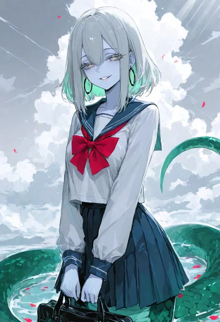 masterpiece, best quality, Good quality, very aesthetic, absurdres, newest,1girl, cloud, cloudy sky, day, light rays, looking at viewer, outdoors, sky, smile, solo, 
BREAK 
raytracing, volumetric lighting, ambient occlusion, girl, background, masterpiece, best quality, very awa, absurdres,
BREAK
masterpiece,amazing quality,best quality,ultra-detailed,8K,illustration,CG,shiny hair,clear skin,ultra-detailed-eyes, detailed background,cute girl, eyelashes, erotic, petals falling, 
BREAK
(sexy, slutty, hot, aroused), 
Echidna, colored skin, pale blue skin, lamia, green tail, grey underide
BREAK
shirt, skirt, long sleeves, bow, parted lips, jewelry, school uniform, earrings, pleated skirt, serafuku, sailor collar, bag, red bow, blue skirt, blue sailor collar, hoop earrings, limited palette