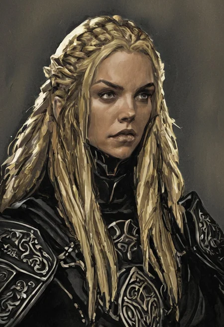 imcc style, 1girl, woman, thirties, fantasy, teutonic knight, severe look, black armor, ornaments, long blond hair,