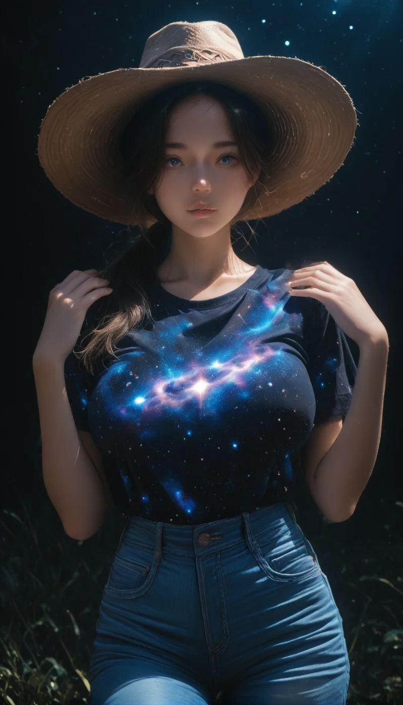 <lora:LCMTurboMix_Euler_A_fix:1> <lora:example_SDXL:0.3>, EZRealPONYXL, <lora:Dramatic Lighting Slider:3> <lora:realistic filter [IL]: 1>
DSLR,realistic,cosplay photo, (very awa,masterpiece,best quality,year 2024,newest,absurdres,highres:1), realistic,skin texture,facial features, photography shot with Canon EOS 5D Mark IV , realistic, RAW, best quality, masterpiece, amazing quality, skin details,
highly detailed beautiful face, large natural breasts,
detailed background, shiny skin, dutch angle, night, moonlight,
beautiful detailed eyes, intricate details, absurdres, anime screencap,
<lora:AddMicroDetails_Illustrious: 0.5> , addmicrodetails,
artist: onono imoko, artist: taesi,
high_quality, highres, detailed, masterpiece, best quality, absurdres, woman wearing Jedcwb, cowboy outfit, wide-brim hat, bandana, jeans,  black background, over-the-shoulder ponytail, bangs,  posing,  diagonal_angle,   <lora:CowgirlIL-000002:1>
 <lora:galaxyXLP:1> (galaxy print shirt : 1.5), (galaxy sky 1.5),