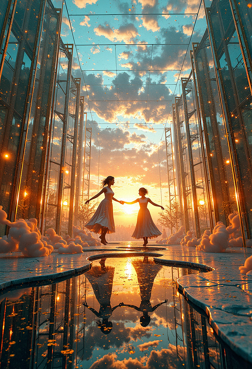 A floating, intricately designed glass palace suspended in the sky, with transparent walls and floors reflecting the golden hues of a distant sunset. Inside, humanoid figures made of swirling smoke dance elegantly, their movements fluid and ethereal. The air is filled with shimmering particles of light, and the entire scene feels otherworldly, as if existing in a dreamlike state. The atmosphere is calm yet surreal, with soft ambient lighting enhancing the sense of weightlessness and serenity. The perspective is slightly tilted, adding to the disorienting but beautiful composition.   <lora:FluxMythP0rtr4itStyle:0.8> MythP0rt,