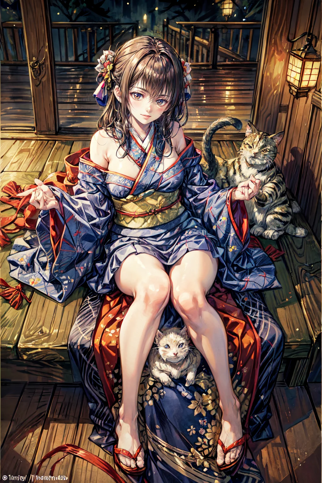 (best quality:1.2), (masterpiece:1.2), (Watercolor style:1.2), (Muted Tone:1.3), Delicate, intricate details, newest, fantasy world, edo period, dark night, midnight, 1girl, seductive, artistic masterpiece, high-leg kimono, bare shoulders, thighs, talking kimono, moving kimono, heated discussion, fun, cats wearing kimono, several cats, at feet, view from above, dynamic angle, dynamic pose, close-up, warm happy reassuring smile, calm soothing look, colorful illustration
watercolor (medium), traditional media, wearing kimono_clothes<lora:style19:0.7>,<lora:realistic_kimono_clothes:0.6>