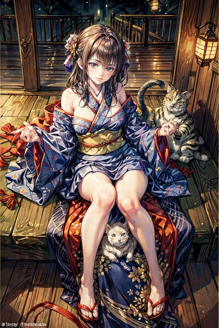 (best quality:1.2), (masterpiece:1.2), (Watercolor style:1.2), (Muted Tone:1.3), Delicate, intricate details, newest, fantasy world, edo period, dark night, midnight, 1girl, seductive, artistic masterpiece, high-leg kimono, bare shoulders, thighs, talking kimono, moving kimono, heated discussion, fun, cats wearing kimono, several cats, at feet, view from above, dynamic angle, dynamic pose, close-up, warm happy reassuring smile, calm soothing look, colorful illustration
  watercolor (medium), traditional media,  wearing kimono_clothes<lora:style19:0.7>,<lora:realistic_kimono_clothes:0.6>