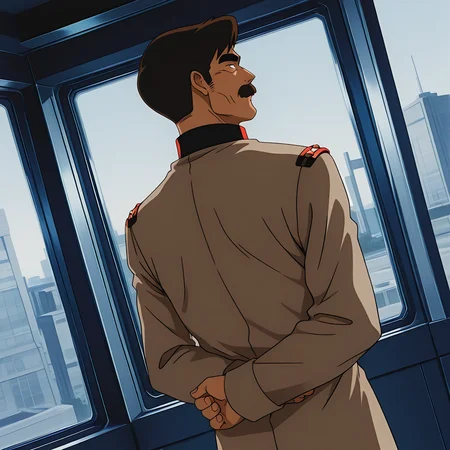 <lora:IL_Ryer:1>,1boy,solo,Isan Ryer/(gundam/),08ms_ir,beige tunic,EFF officer uniform,standing,short brown hair,mustache,thick eyebrows,sci-fi,large window,dutch angle,from back,looking back,arms behind back,backlighting,natural light,drop shadow,chiaroscuro,faint light,, <lora:wai-A3-V140:1>,, masterpiece,best quality,amazing quality,very aesthetic,absurdres,