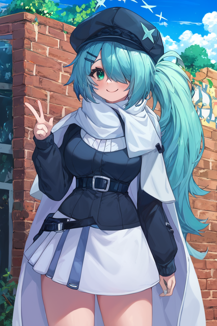 score_9, score_8_up, score_8, medium breasts, (curvy), cute, eyelashes,       BREAK, , ,,,  zzHiyori, long hair, hair over one eye, side ponytail, hairclip, hair ornament, aqua hair, green eyes, black headwear, hat, cabbie hat, long sleeves, white skirt, belt, white scarf, <lora:Hiyori_BlueArchive_PDXL_v2:0.8>,   ,,,, BREAK, smile, looking at viewer, cowboy shot, ,,, outdoors, sky, day, cloud, tree, blue sky, sunny,  ,,, Expressiveh, ,,, <lora:Alola_Style_PDXL:0.8>, <lora:Expressive_H-000001:0.4>,