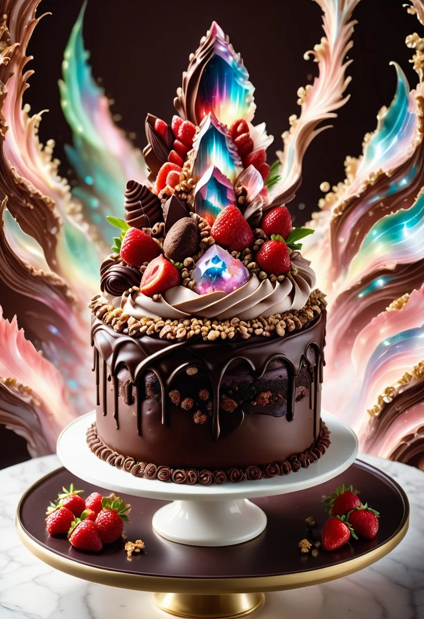 a chocolate cake surrounded by cereals and cocoa powder detailed with stawberry creme,, chocolate cake by Jed-ChocoC, decorated with red aura quartz by Jed-Auquartz