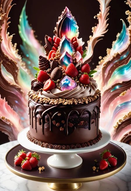 a chocolate cake surrounded by cereals and cocoa powder detailed with stawberry creme,, chocolate cake by Jed-ChocoC, decorated with red aura quartz by Jed-Auquartz