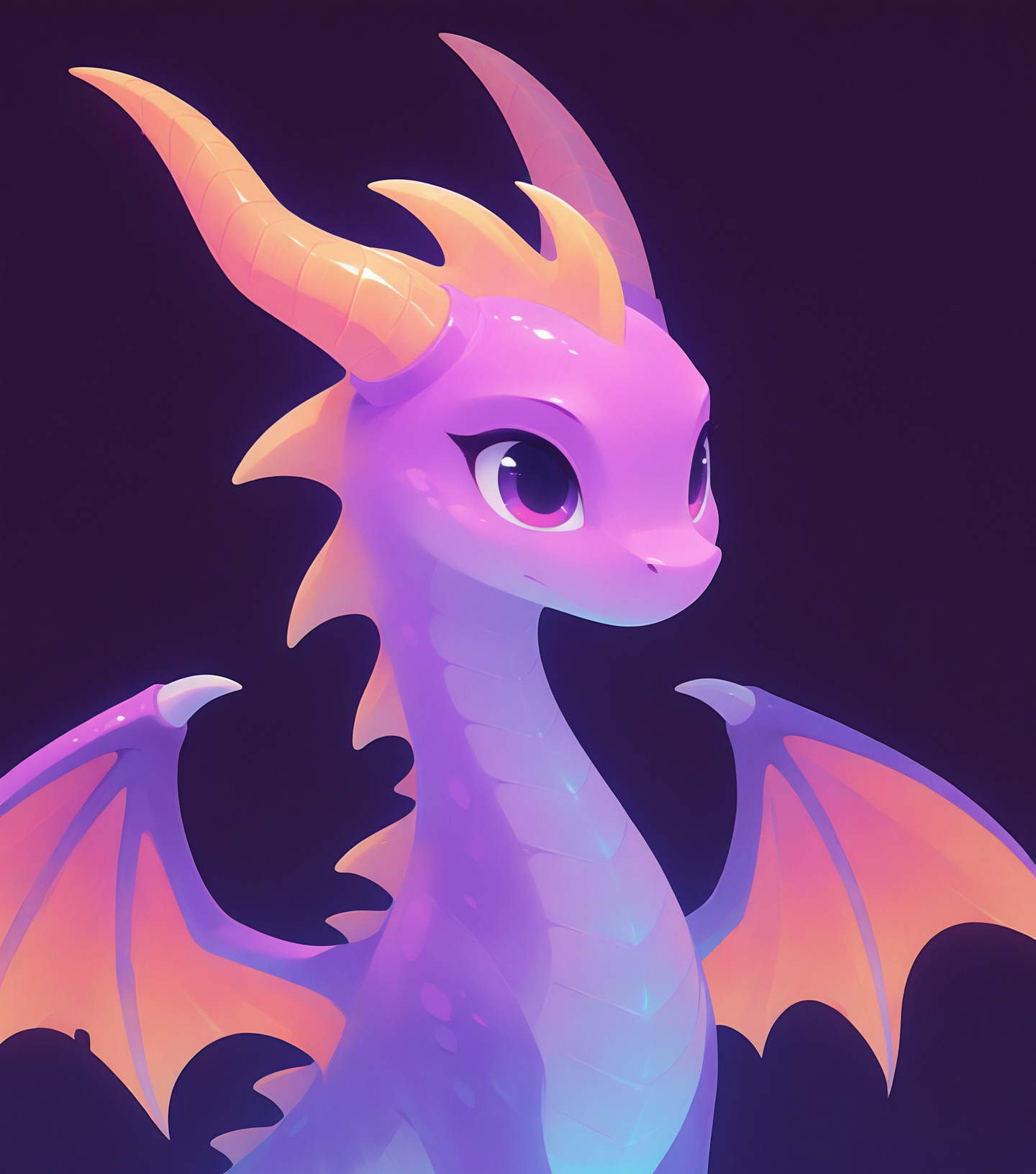 masterpiece, best quality, amazing quality, <lora:Soft_glow_buns:0.8> s0ftgl0w, minimalism, Spyro the Dragon, scaly, purple, horns, wings, masterpiece, best quality, amazing quality