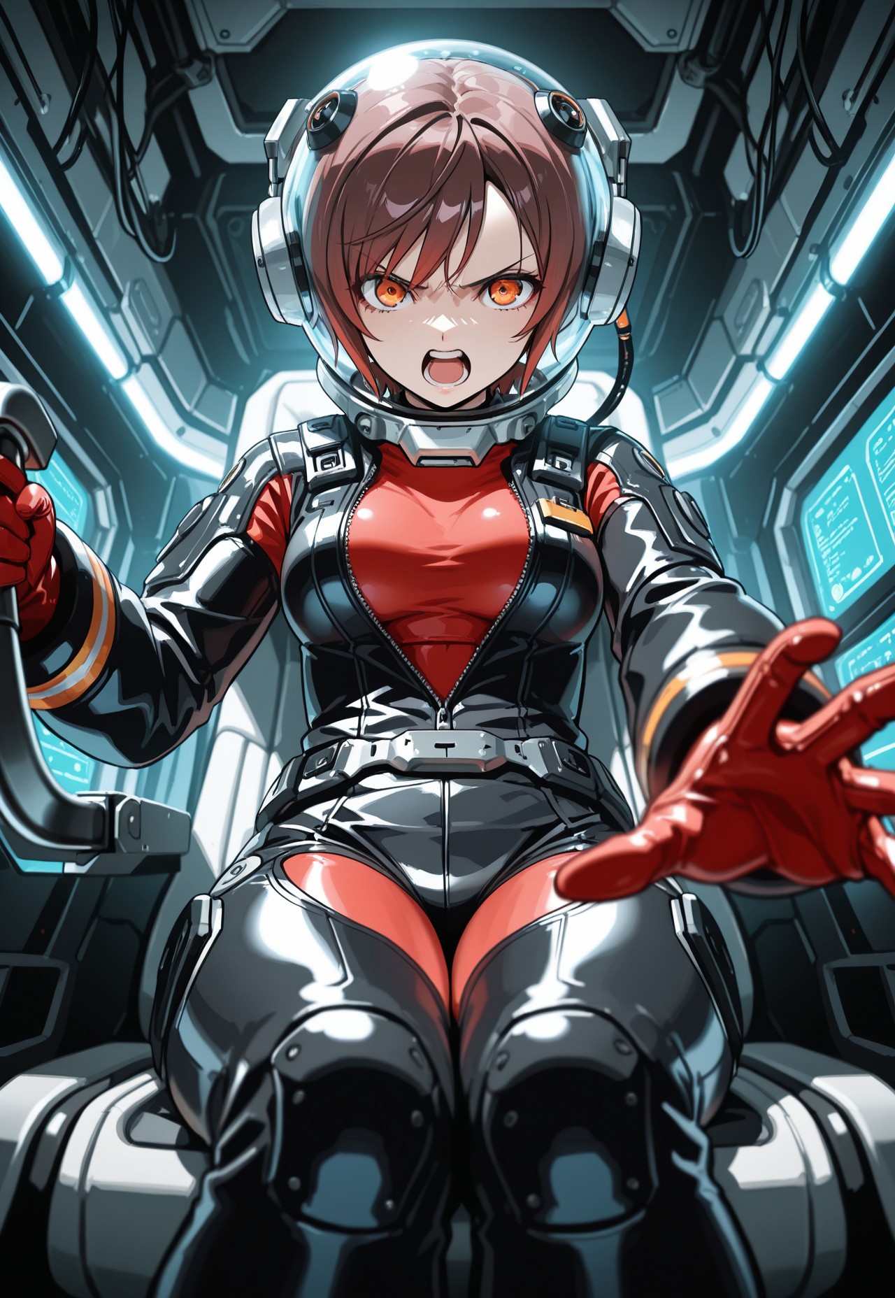 masterpiece, best quality, amazing quality, very aesthetic, absurdres, newest, 8k, nv-aperturetech, 
BREAK, 
1girl, solo, red and black clothing, red underclothes, cropped brown hair, orange eyes, focused, angry, shouting, medium breasts, spandex spacesuit, unzipped, glass helmet, sitting, sitting in pilot seat, glass cockpit, (hand on lever:1.3), hand reaching forward, throw lever, action shot, legs together,
BREAK,
hand focus, hand closeup, warped perspective, intense perspective, foreshortening, low angle, extreme perspective, 
BREAK, science fiction, futuristic background, metallic interior, cables, spaceship cockpit, control panels, glass, HUD, detailed background, dramatic lighting, depth of field, volumetric lighting