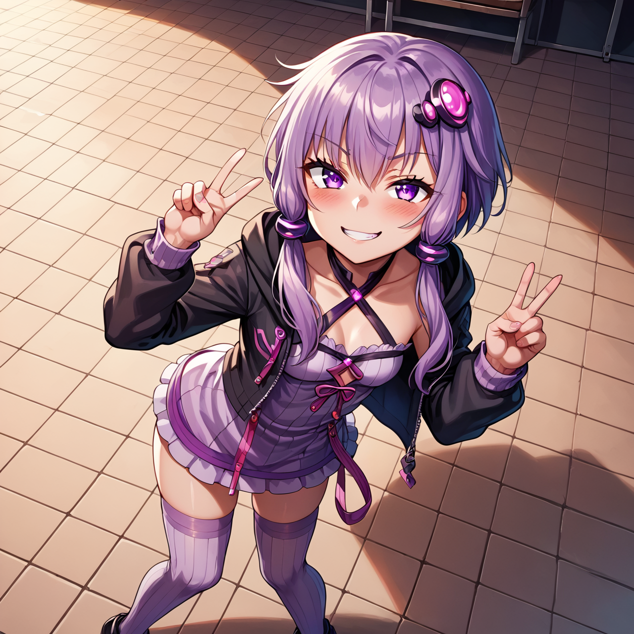score_9, score_8_up, score_7_up, source_anime, BREAK
<lora:YuzukiYukari_MMD_V1:0.9> yuzuki yukari, purple eyes, small breasts,  
short hair with long locks, purple hair, hair ornament,
criss-cross halter, purple dress, purple thighhighs, black jacket, hooded jacket, long sleeves, 
(indoor, from stage, colorful stage lights),
1girl, full body, cowboy shot,from above,, look at viewer,, full body,,leaning forward,
smug, smirk, blush, peace sign, double peace sign,