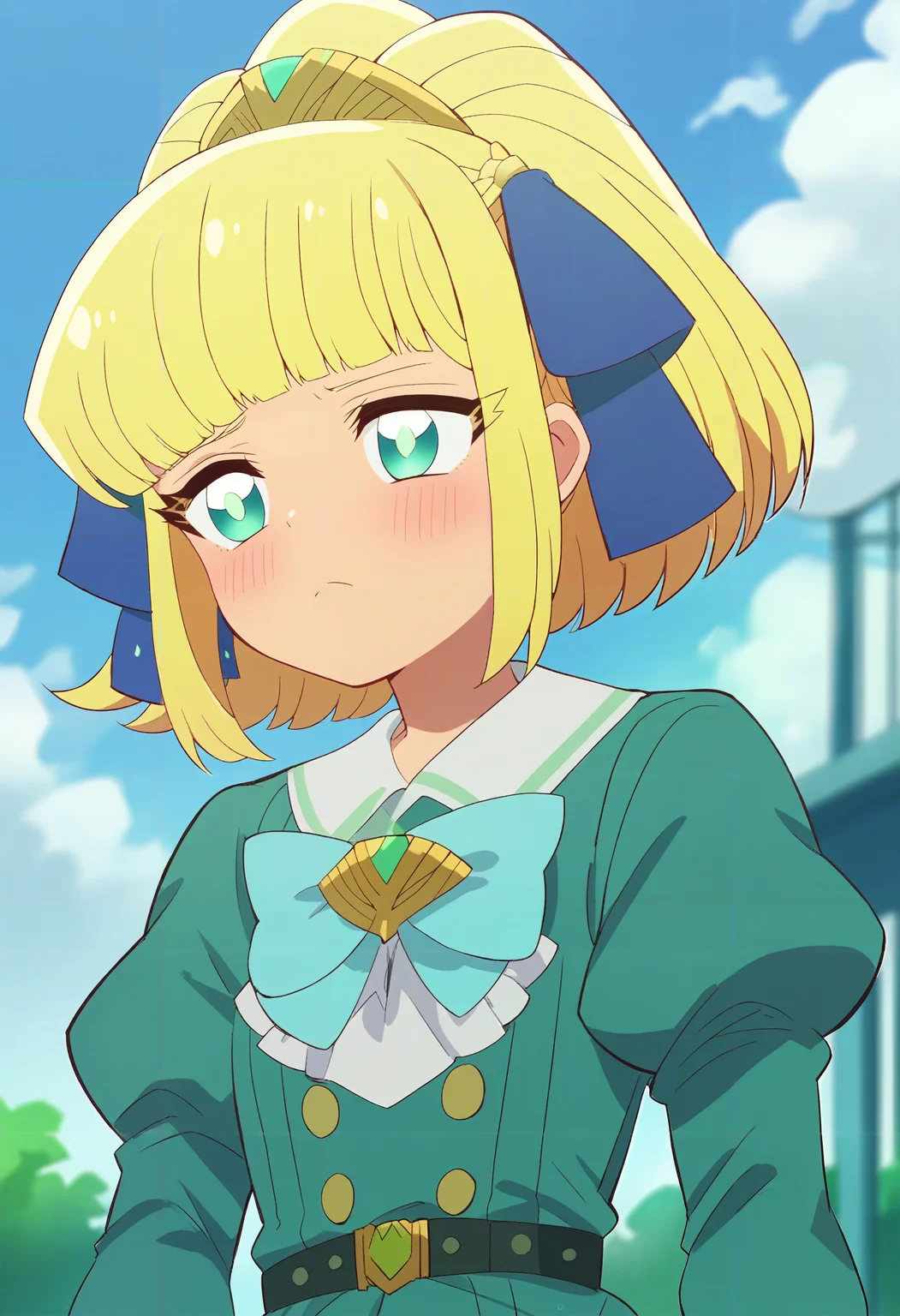score_9_up,score_8_up,score_7_up,<lora:Okanega Arisu_PONY-000030:1>,
PKS_ALS,1girl,blonde hair,solo,green dress,blunt bangs,bow,blush,juliet sleeves,long sleeves,tiara,blue sky,sky,blue eyes,belt,ponytail,frown,hair ribbon,closed mouth,upper body