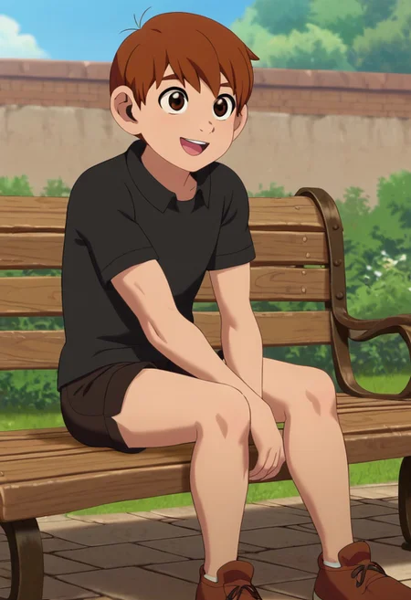 chilchuck_tall, chilchuck_tims, brown hair, handsome, teen, brown eyes, solo, outdoor, sunny day, clear sky, sit on bench, publick park in the background, happy expression, wear black shirt, wear black shorts
