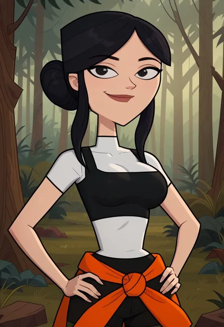 ((Forest background)),score_9, score_8_up, score_7_up,score_6_up,
1girl, Solo, Tess_DC, light skin, black eyes, black hair, hairstyle low bun, short black top, white t-shirt, orange hoodie tied at her waist, black tight shorts, beige pantyhose, black sneakers, big eyes, tall stature, social smile, perfect eyes, perfect smile, looking at the viewer, big breasts, detailed eyes, perfect eyes, cute, standing, (front pose, bust shot, close up to face, face portrait:1) hands on hips, perfect hands, 5 fingers