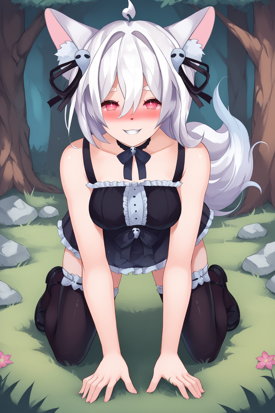 score_9, score_8_up, score_7_up, score_6_up, BREAK, PookyBooVTPXLv2, pink eyes, white hair, long hair, hair between eyes, hair ornament, ahoge, animal ears, animal ear fluff, black choker, medium breasts, bare shoulders, black ribbon, black dress, black ribbon belt, black skirt, black thighhighs, black shoes, solo, full body, all fours, seductive smile, looking at viewer, naughty face, nose blush, forest <lora:PookyBooVTPXLv2:1>