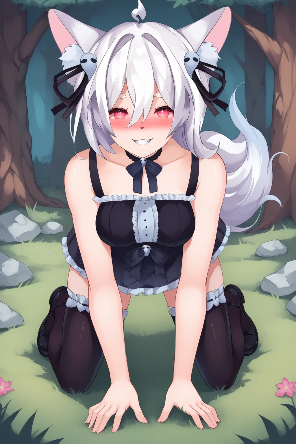 score_9, score_8_up, score_7_up, score_6_up, BREAK, PookyBooVTPXLv2, pink eyes, white hair, long hair, hair between eyes, hair ornament, ahoge, animal ears, animal ear fluff, black choker, medium breasts, bare shoulders, black ribbon, black dress, black ribbon belt, black skirt, black thighhighs, black shoes, solo, full body, all fours, seductive smile, looking at viewer, naughty face, nose blush, forest <lora:PookyBooVTPXLv2:1>
