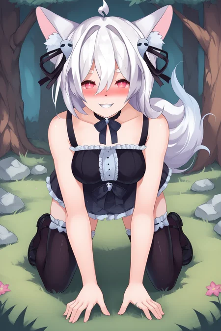 score_9, score_8_up, score_7_up, score_6_up, BREAK, PookyBooVTPXLv2, pink eyes, white hair, long hair, hair between eyes, hair ornament, ahoge, animal ears, animal ear fluff, black choker, medium breasts, bare shoulders, black ribbon, black dress, black ribbon belt, black skirt, black thighhighs, black shoes, solo, full body, all fours, seductive smile, looking at viewer, naughty face, nose blush, forest <lora:PookyBooVTPXLv2:1>