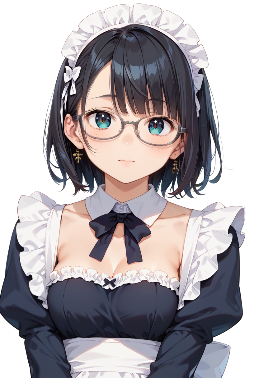 score_9, score_8_up, score_7_up, rating_safe, masterpiece, best quality, absurdres, unity 8k wallpaper, official art, official style, source_anime, uncensored, game cg, megami magazine,
1girl, solo, black hair, medium hair, upper body, covered eyes,maid, maid headdress, black dress, maid apron, face focus,
oval_cell, glasses, still life, white background, simple background, grey-framed eyewear,
 <lora:glasses_OvalCell1_PONY_V1:1>