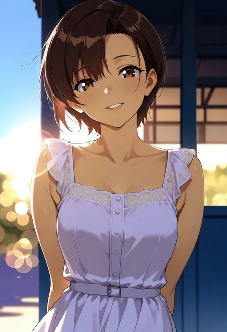 Masterpiece, 8k, aesthetic, beautiful eyes, beautiful hair, beautiful skin, soft lighting, soft shadow, bokeh, depth of field, lens_flare,,Maya Ibuki, , brown eyes, dark-brown hair, asymmetrical bangs, short hair, smiling, , summer dress, , (undercut hair:0.7) , looking at viewer, tilt head, parted lips, outdoor, blue sky ,