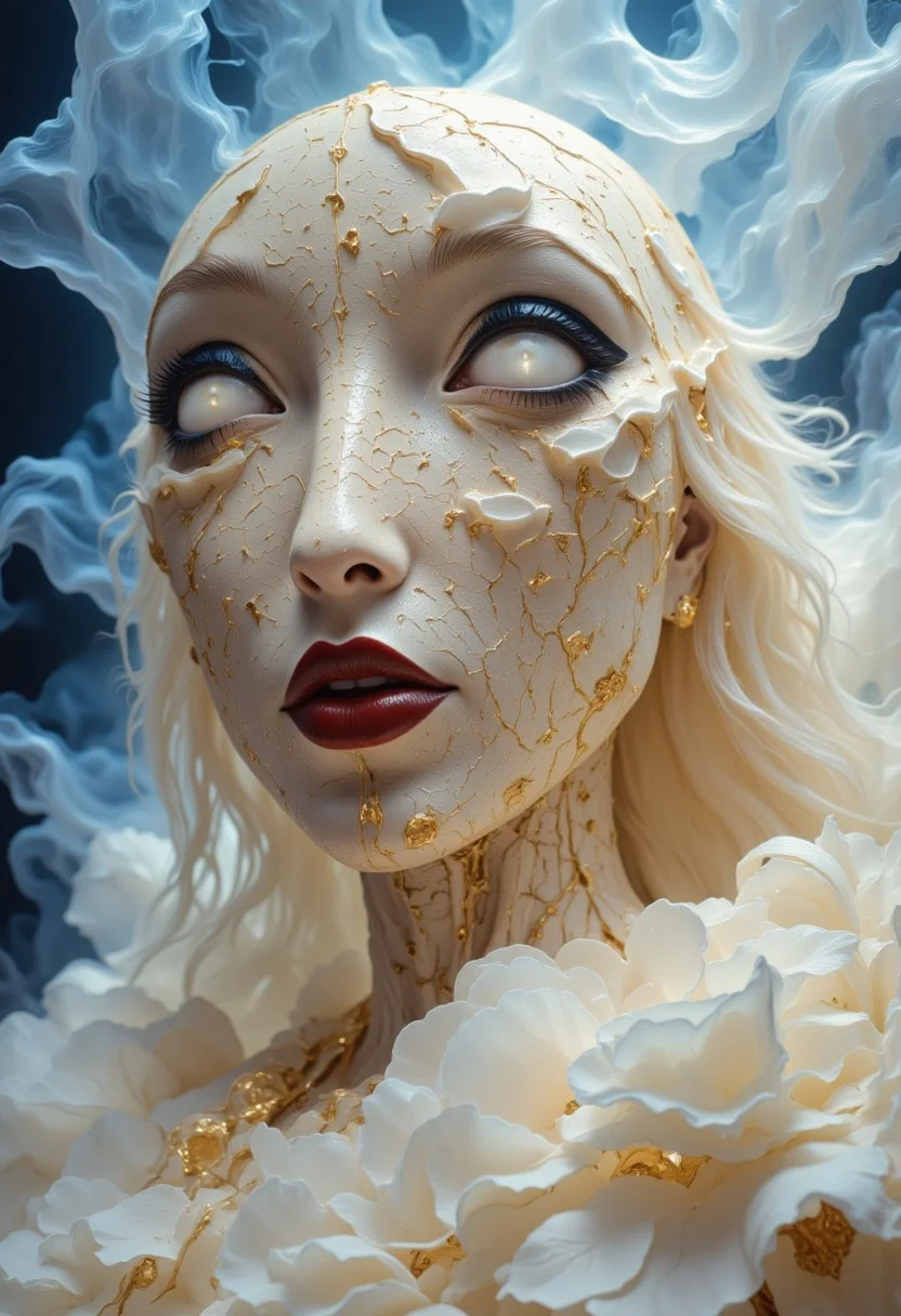 Close-up portrait of a statue of a woman. Her head and body are made of ivory and smooth with numerous, glowing, fine, hairline cracks covering the head and down her neck creating an organic mosaic pattern. She is biomechanical. Her eyes are an intense hazel color with black eyeshadow, and her lips are a rich, deep red color. A spot light focuses on her eyes, creating strong highlights and shadows. The light background is softly blurred showing a sea of white rose petals, but is blurred and out of focus so all visual attention is on the woman's eyes, nose and mouth. Her hair is stark white and falls around the lower half of the image. She is blending in with the background. She is looking at the viewer intensely. Blue and white smoke surround her body. She is like a bust. The overall impression is one of dramatic beauty, with an almost otherworldly quality. (((ultra-realistic style))), realistic soft lighting, eye-catching, atmospheric lighting, smokey environment, natural, shallow depth of field, (highlights: 0.8), high detail (dynamic, sincere, cinematic shot, film grain, bokeh, depth of field)