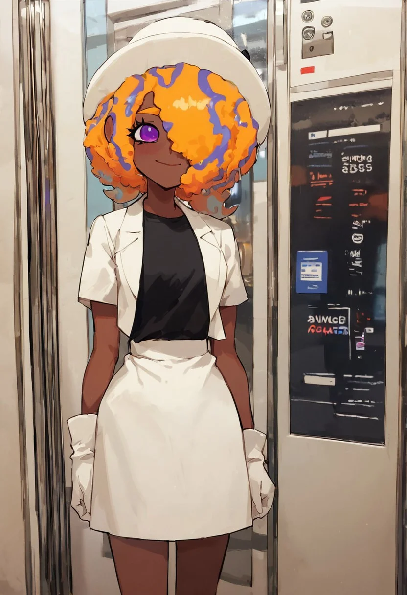 score_9, score_8_up, score_7_up,source_anime, high res image,masterpiece,best quality,girl,cute face,dark skin, purple eyes, hair over one eye, afro,ultra detailed eyes,simple background,<lora:elevator girl_pony_V1.0:1> elevator girl, elevator,door,white hat,white gloves, white skirt, white  jacket, black shirt, arms at sides,