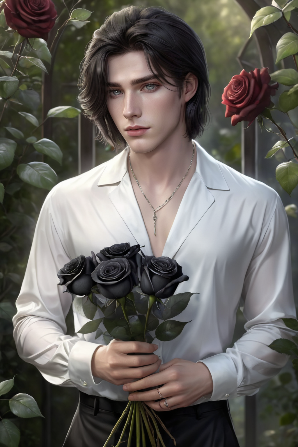 Hyperrealistic art male, pale skin, black hair, clothes in white shirt, jewelry, holding a black roses in hands, realistic, garden nature background  <lora:RafailXL:0.7> . Extremely high-resolution details, photographic, realism pushed to extreme, fine texture, incredibly lifelike