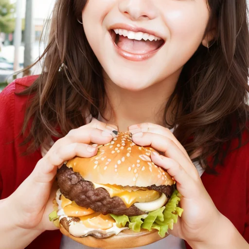<lora:Eatingburger:0.6>, female focus, food focus, eating a burger, smile, open mouth