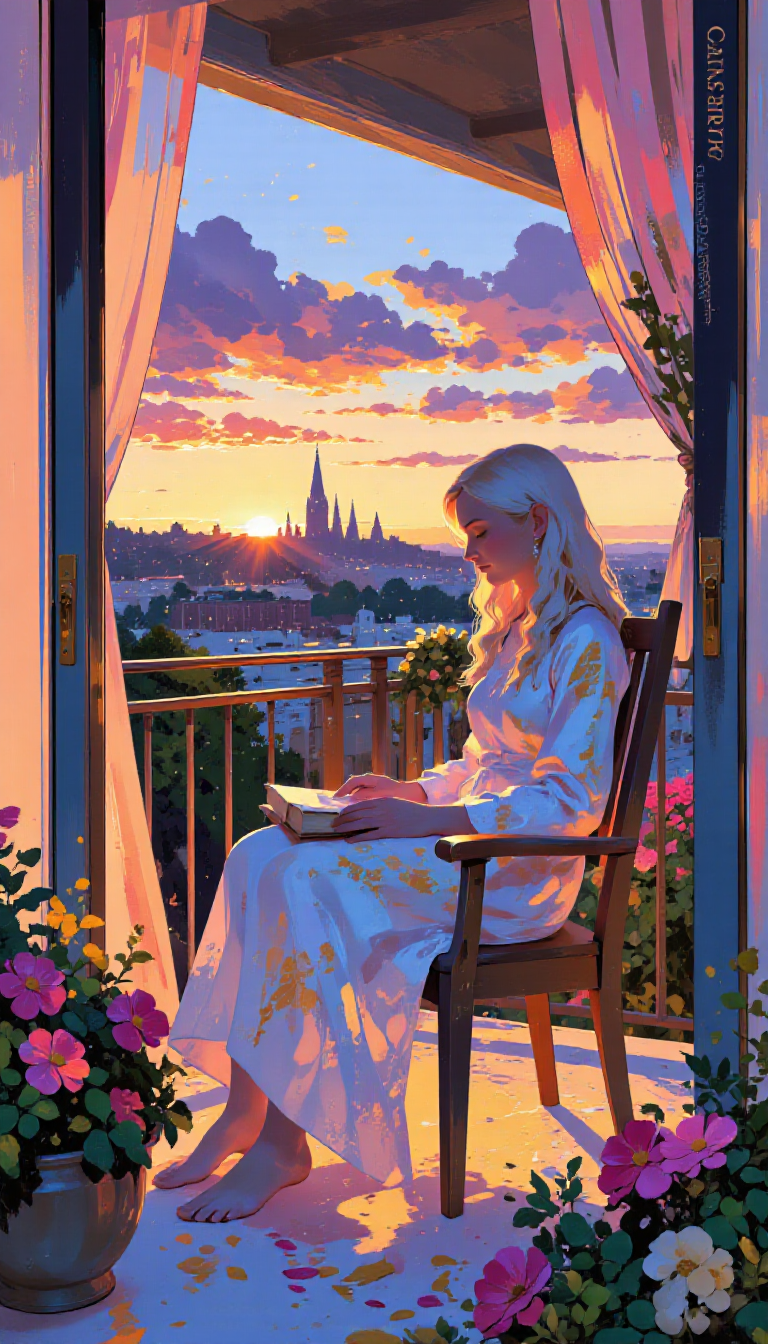 pscho_4rt,mythp0rt,very wide angle, put subject further away, small subject, A vibrant and colorful digital illustration shoot from a side camera angle about a serene scene of a woman sitting on a wooden chair on a balcony, reading a book during sunset. the image also shows a cityscape in the distance with buildings and a warm, orange glow from the setting sun. on the middle of the image, a young woman with long, flowing blonde hair appears to be in her early twenties, sitting on the wooden chair, facing away from the viewer. she is wearing a long, white dress with a floral pattern and is holding a book in her hands. her eyes are closed, and she has a peaceful expression on her face. the woman is surrounded by flowers on either side of the chair, and petals are floating around her. the balcony has a railing, and the sky is filled with colorful clouds and a beautiful sunset.  1girl, solo, long hair, dress, holding, closed mouth, sitting, full body, white hair, flower, outdoors, sky, day, cloud, from side, watermark, chair, feet out of frame, curtains, petals, window, city, sunset, cityscape, balcony, curtains on side  camera_angle: side, art_style: digital illustration, location: balcony, background: sunset with cityscape and warm colors, text: NA, distance_to_camera: upper body, clothing: long dress, image_composition: middle, pants: NA
